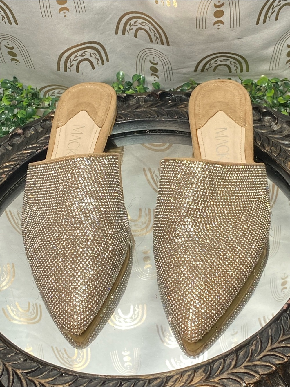 MICKA Gold Rhinestone Pointed-Toe Slip-On Mules